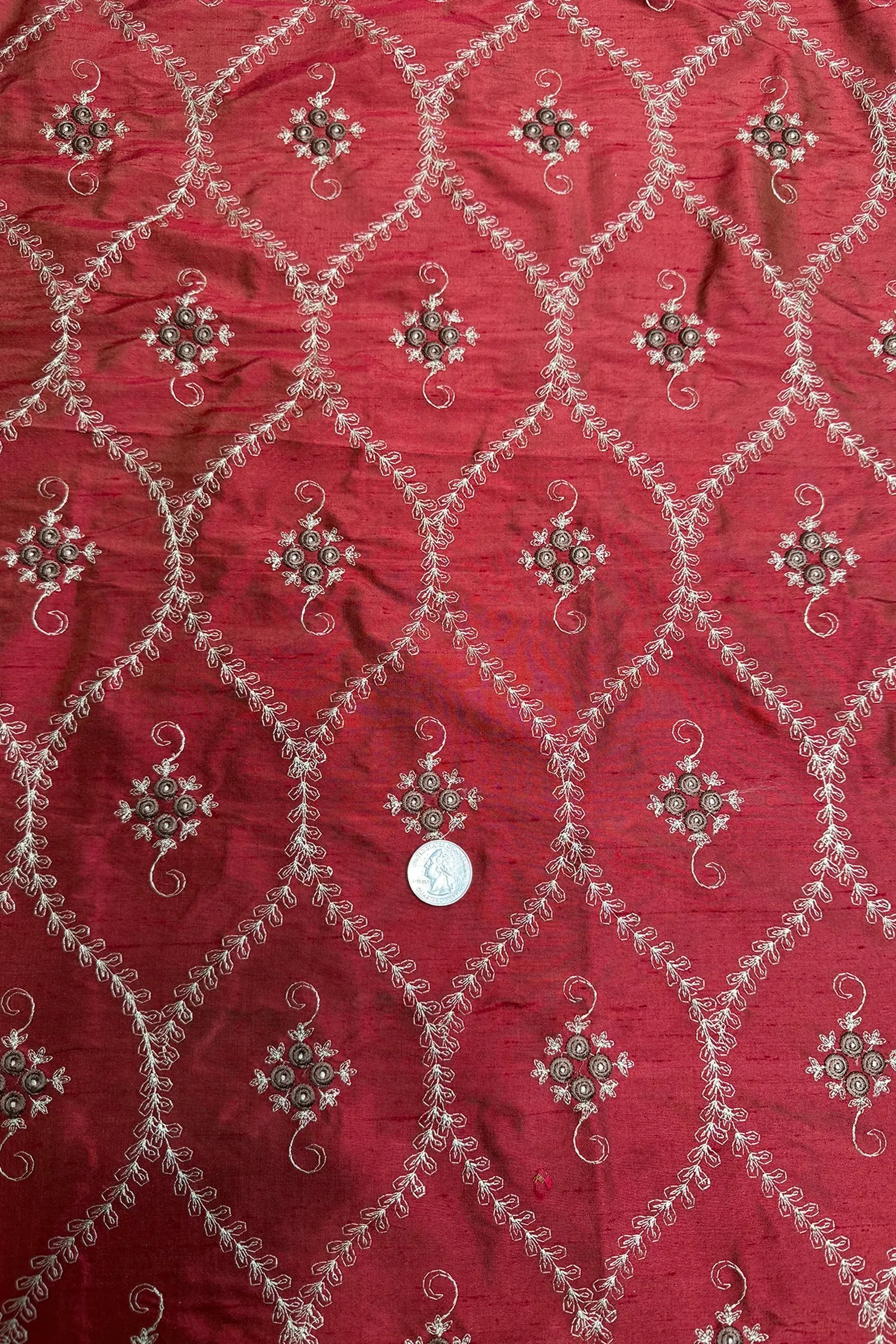 Red Beige French Embroidery on Red Shantung Embroidered Dupioni Silk