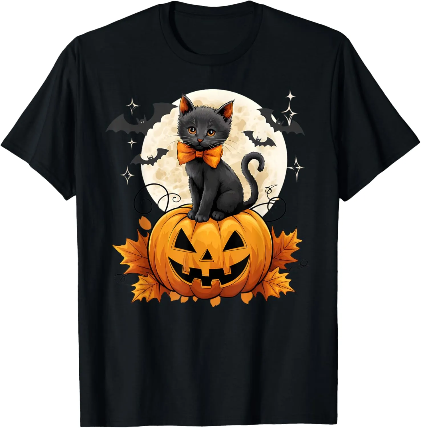 Retro Black Cat Halloween Pumpkin Costume Women Kids Girls T-Shirt