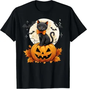 Retro Black Cat Halloween Pumpkin Costume Women Kids Girls T-Shirt