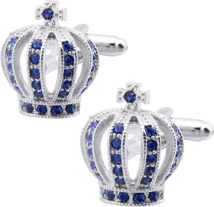 Royal Crown Blue Crystal Cuff Links for Men Lady in Gift Box Unisex Cufflinks for Business Wedding Anniversary Dress