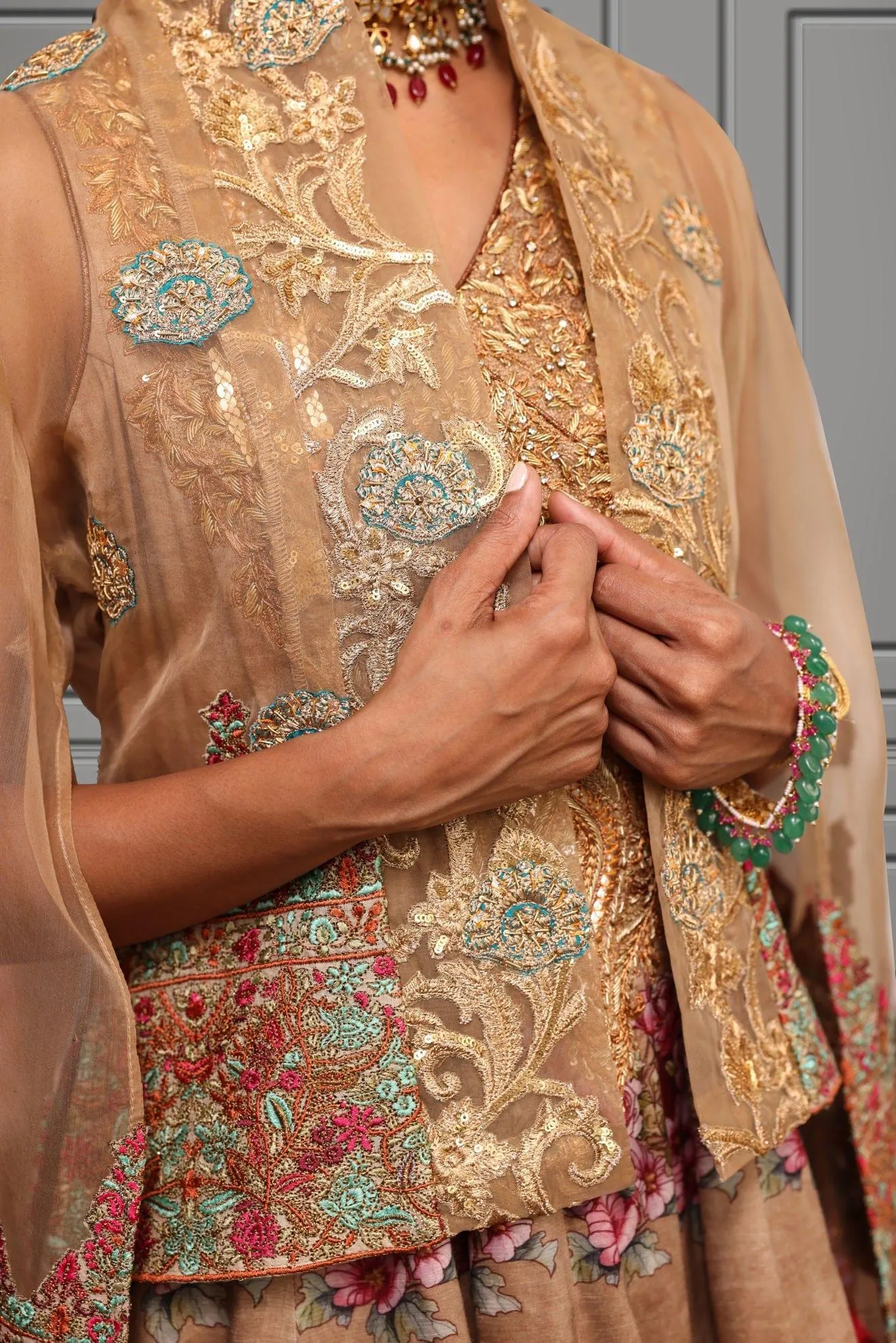 Shamaeel - Long Silk Embroidered Angarkha with Embroidered Organza Jacket