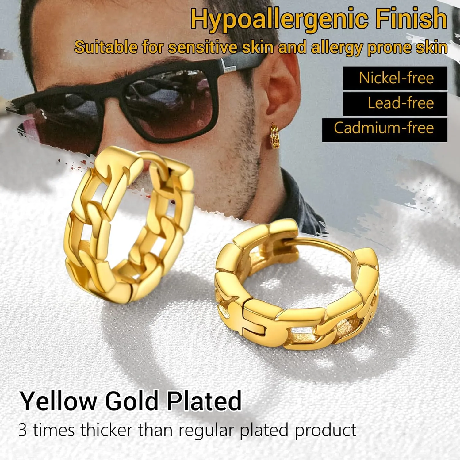 Small Chunky Hoop Earrings for Men, Skull/Infinity/Spike/Cuban Link Design Options, Black/18K Gold Plated 316L Stainless Steel, Lightweight and Comfy Earrings, Come with Box