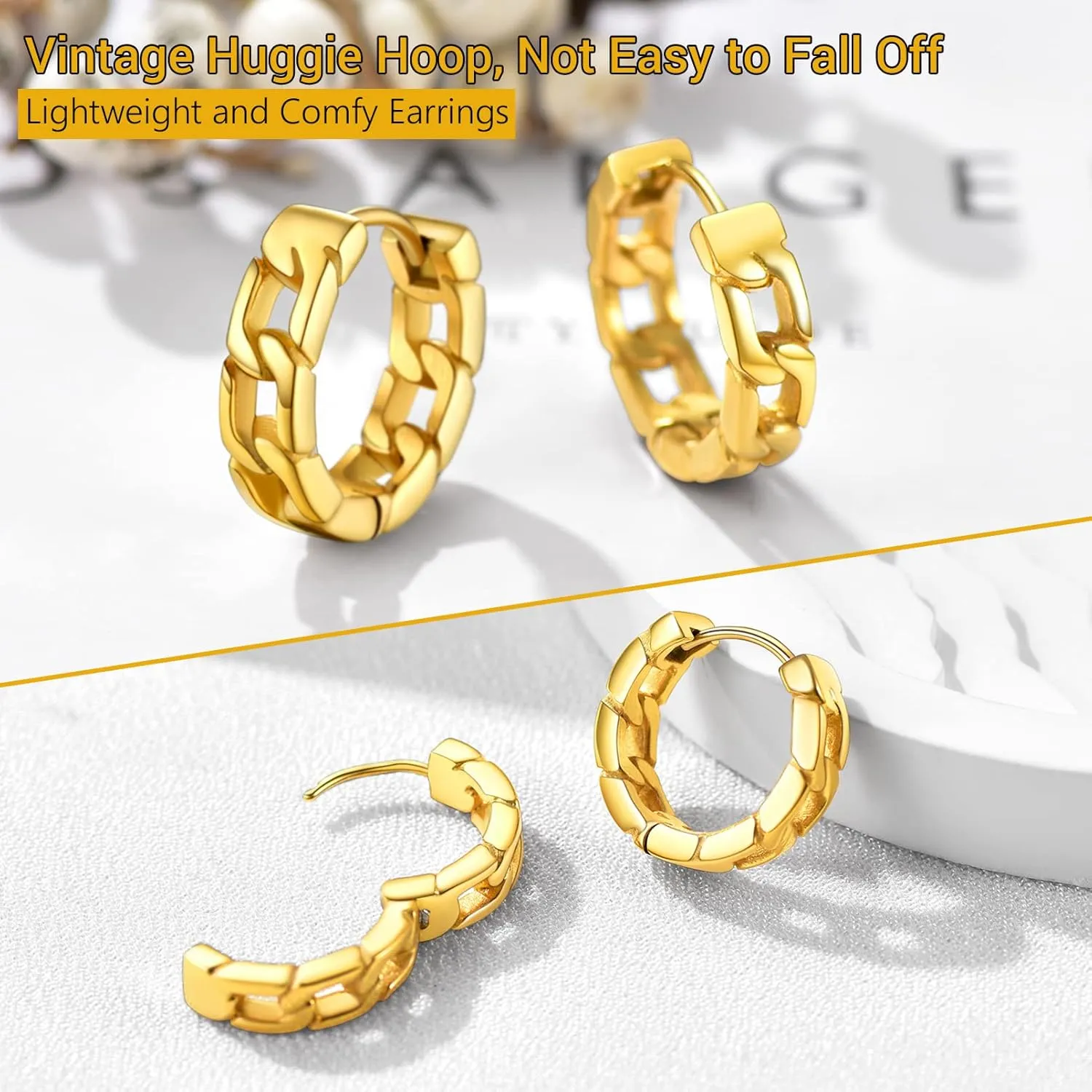 Small Chunky Hoop Earrings for Men, Skull/Infinity/Spike/Cuban Link Design Options, Black/18K Gold Plated 316L Stainless Steel, Lightweight and Comfy Earrings, Come with Box