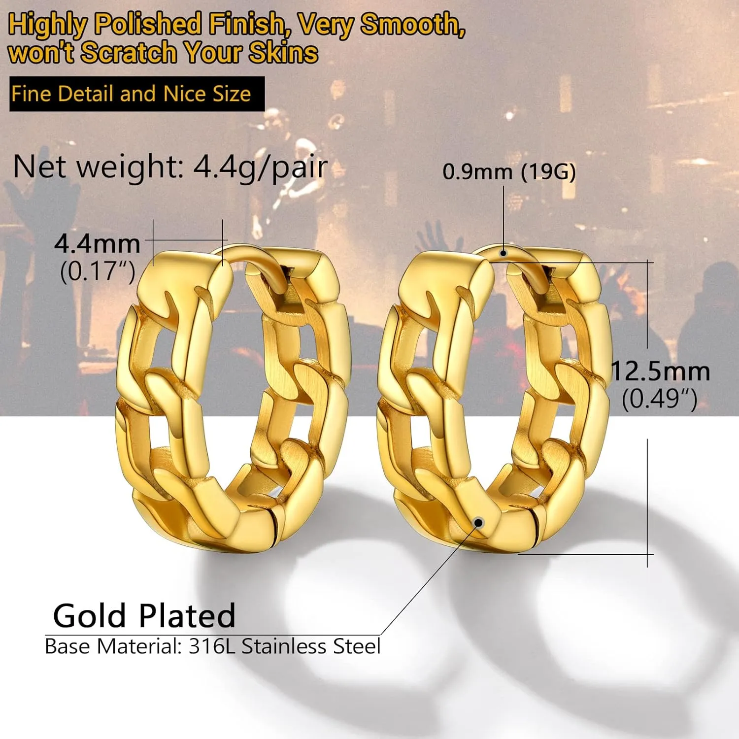 Small Chunky Hoop Earrings for Men, Skull/Infinity/Spike/Cuban Link Design Options, Black/18K Gold Plated 316L Stainless Steel, Lightweight and Comfy Earrings, Come with Box