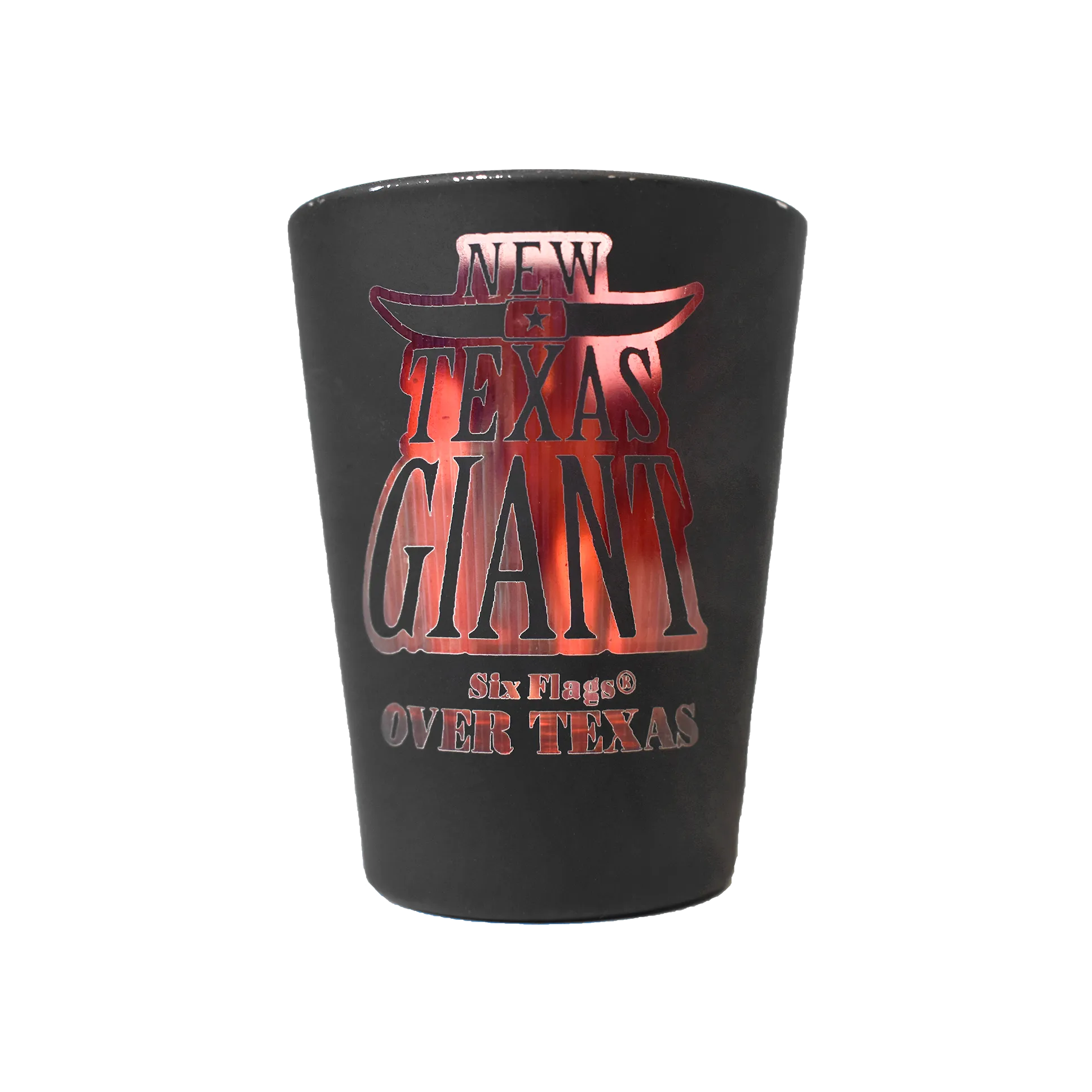 TEXAS GIANT MATTE BLACK SHOT GLASS (SIX FLAGS OVER TEXAS)