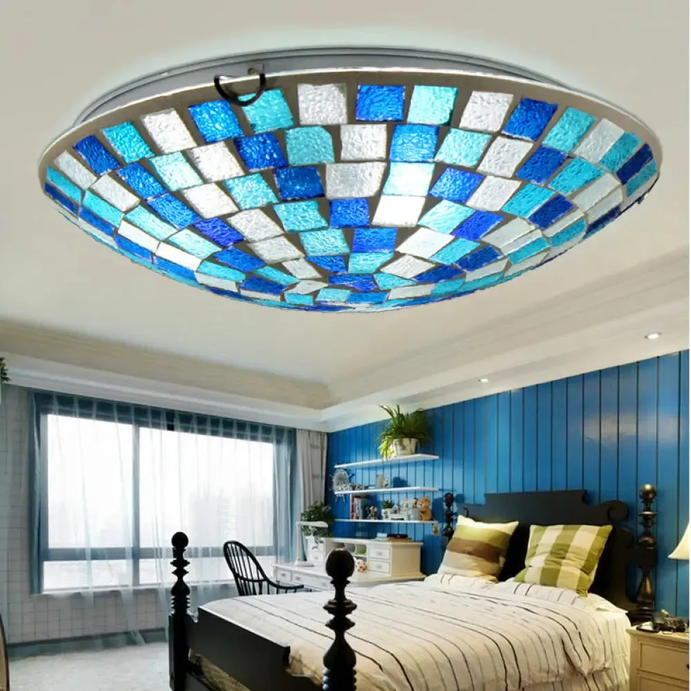 Tiffany Style Stained Glass Round Ceiling Light Fixture - 12"/16" Diameter - Flush Mount with Shell Decor - Blue & Sky Blue