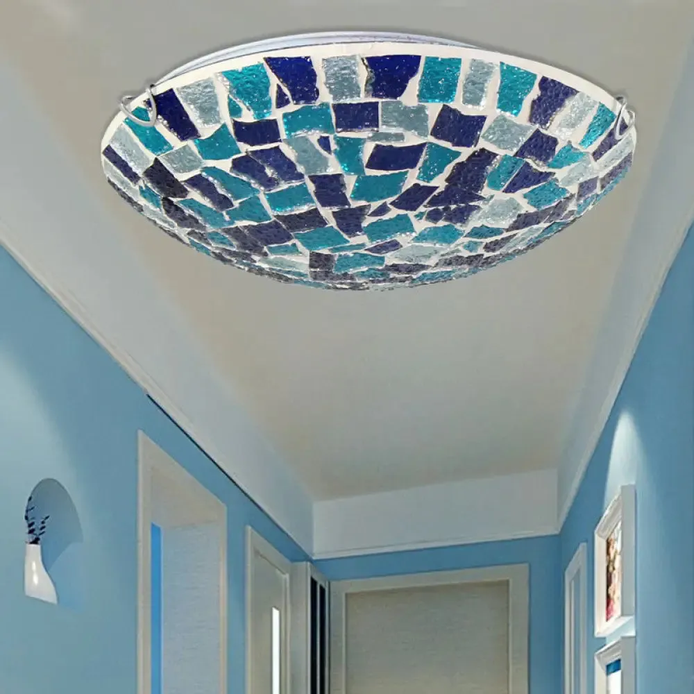 Tiffany Style Stained Glass Round Ceiling Light Fixture - 12"/16" Diameter - Flush Mount with Shell Decor - Blue & Sky Blue
