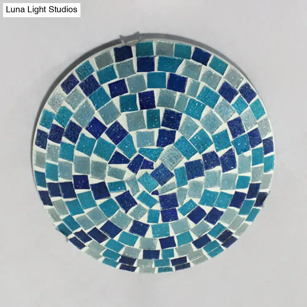 Tiffany Style Stained Glass Round Ceiling Light Fixture - 12"/16" Diameter - Flush Mount with Shell Decor - Blue & Sky Blue