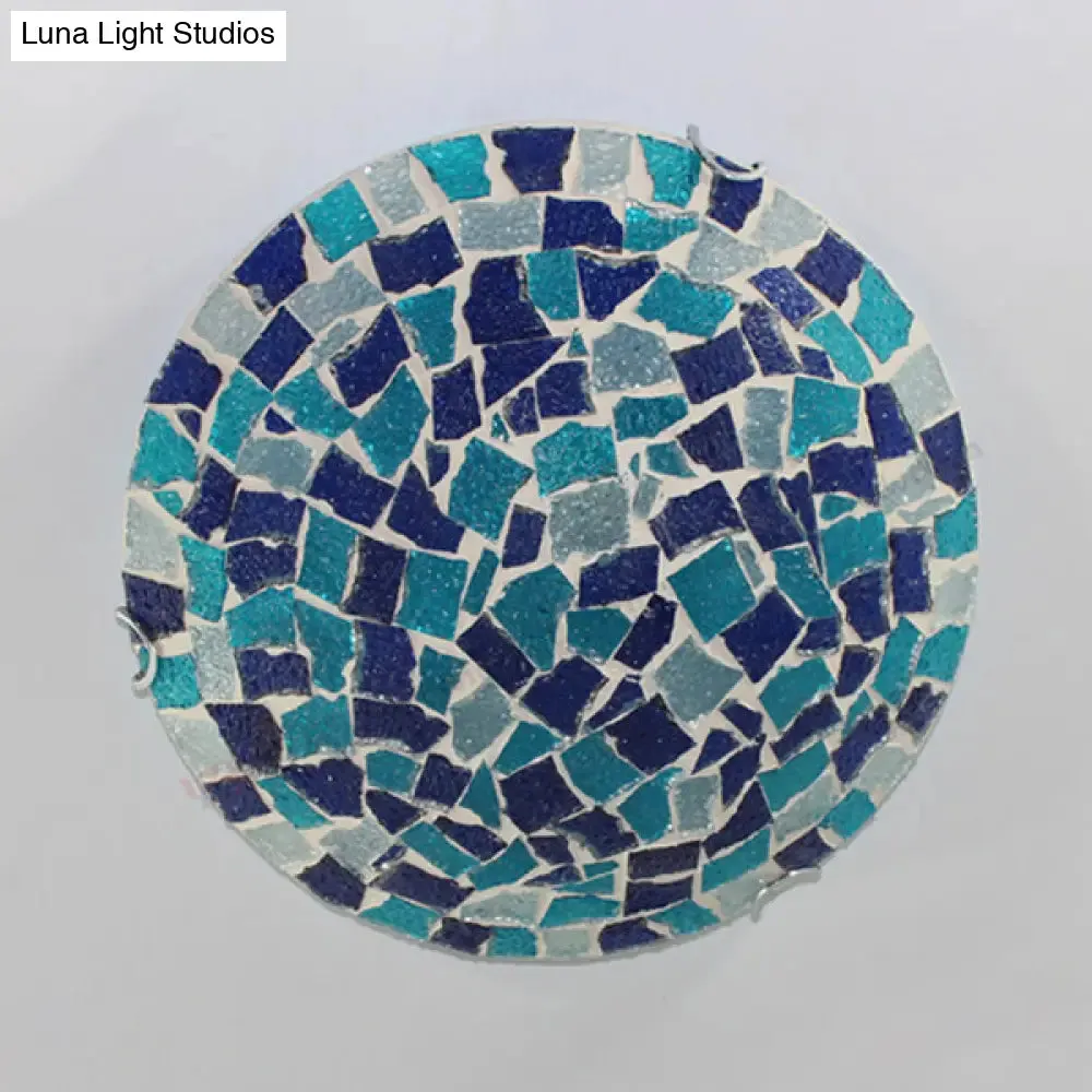 Tiffany Style Stained Glass Round Ceiling Light Fixture - 12"/16" Diameter - Flush Mount with Shell Decor - Blue & Sky Blue