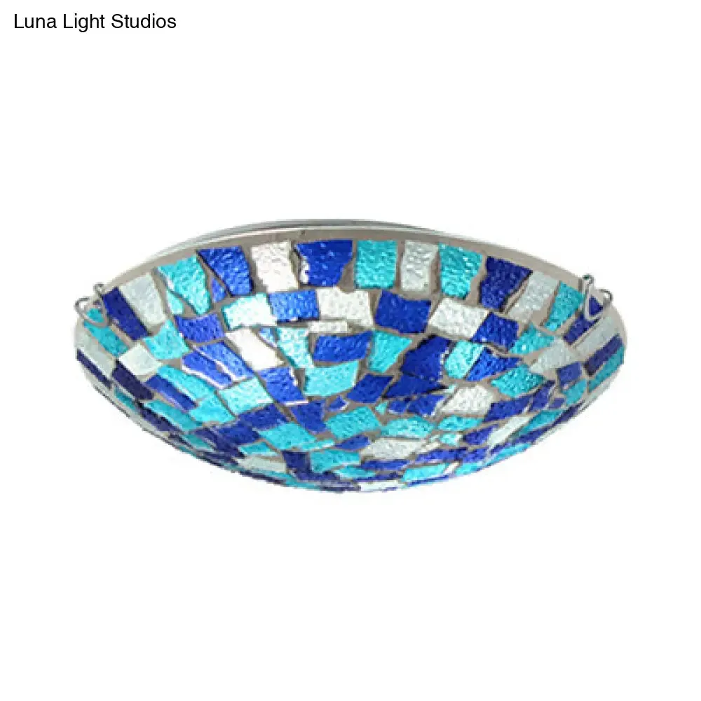 Tiffany Style Stained Glass Round Ceiling Light Fixture - 12"/16" Diameter - Flush Mount with Shell Decor - Blue & Sky Blue