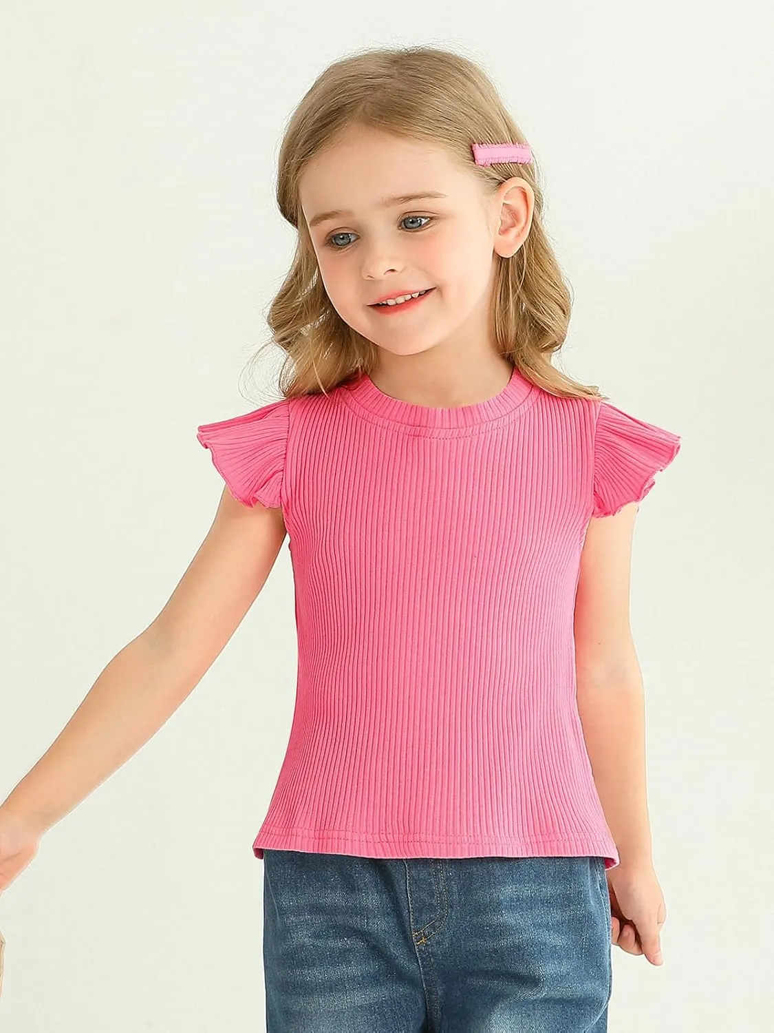 Toddler Girls Ruffle Sleeve T Shirt Knit Ribbed Blouse Cotton Top Plain Solid Kids Casual Clothes 1-6 Years