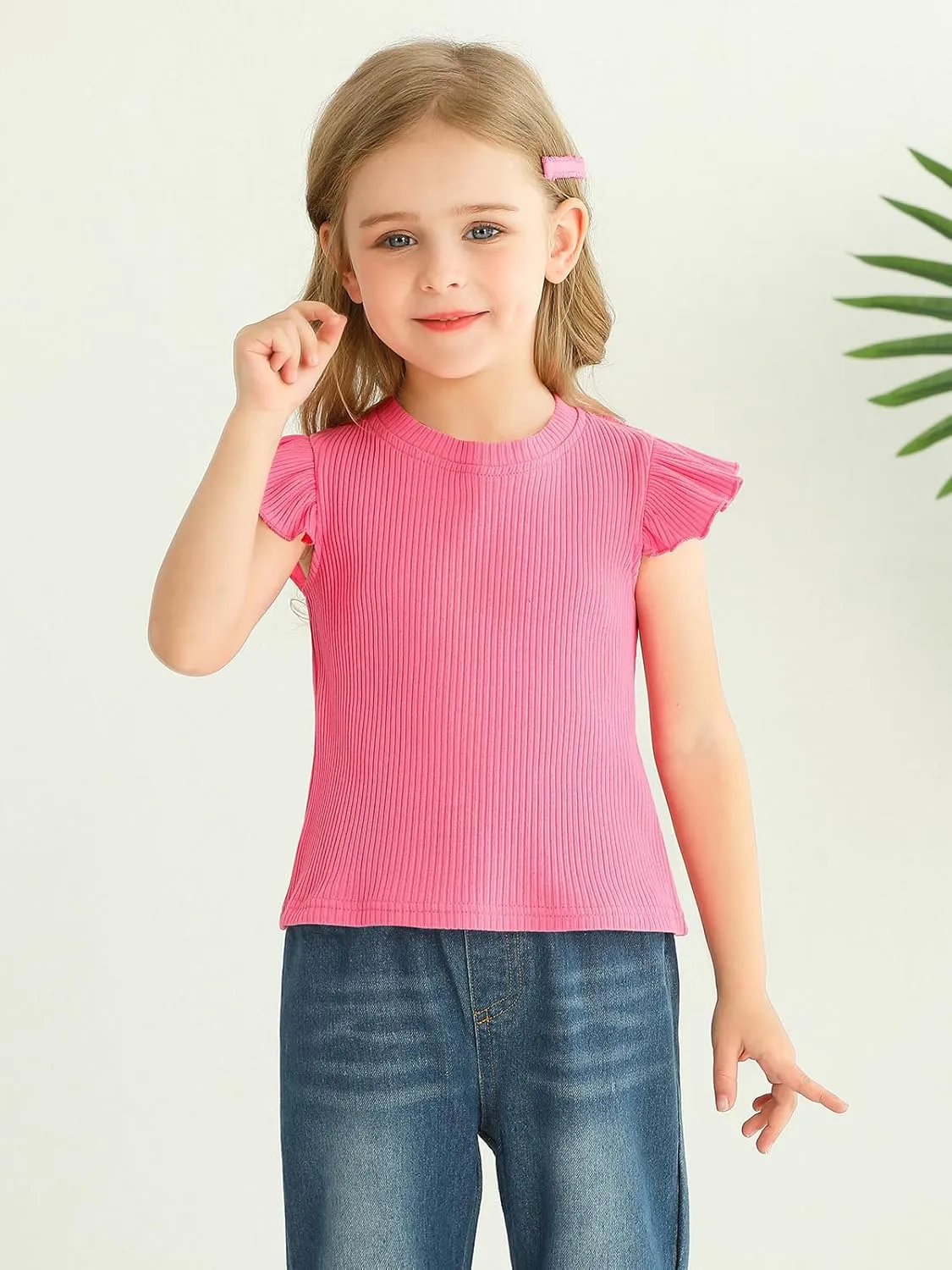 Toddler Girls Ruffle Sleeve T Shirt Knit Ribbed Blouse Cotton Top Plain Solid Kids Casual Clothes 1-6 Years