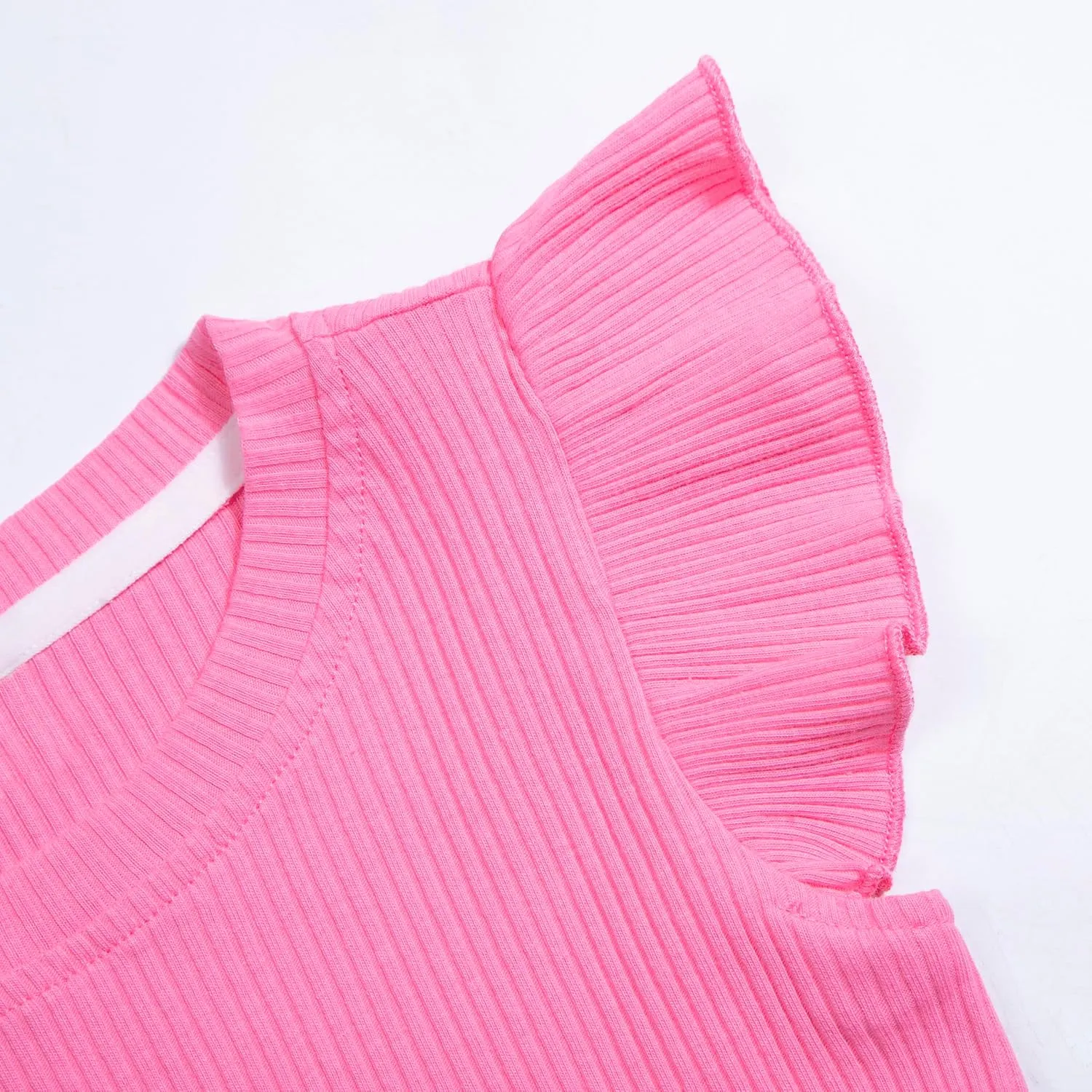 Toddler Girls Ruffle Sleeve T Shirt Knit Ribbed Blouse Cotton Top Plain Solid Kids Casual Clothes 1-6 Years