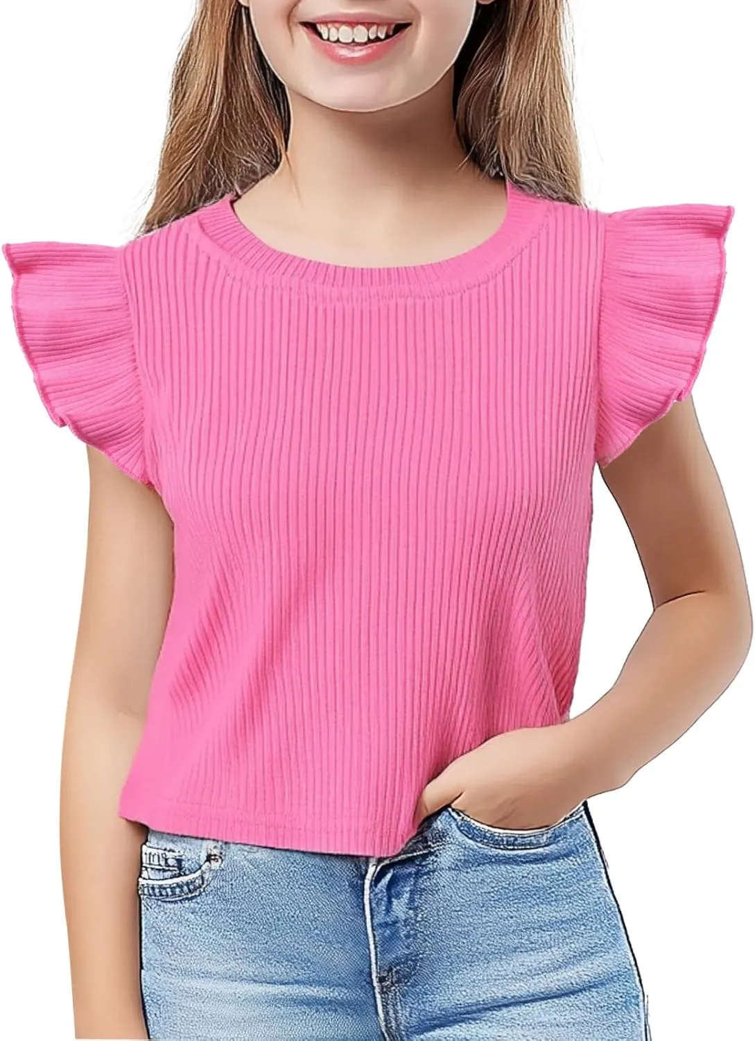 Toddler Girls Ruffle Sleeve T Shirt Knit Ribbed Blouse Cotton Top Plain Solid Kids Casual Clothes 1-6 Years