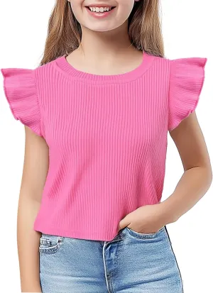 Toddler Girls Ruffle Sleeve T Shirt Knit Ribbed Blouse Cotton Top Plain Solid Kids Casual Clothes 1-6 Years
