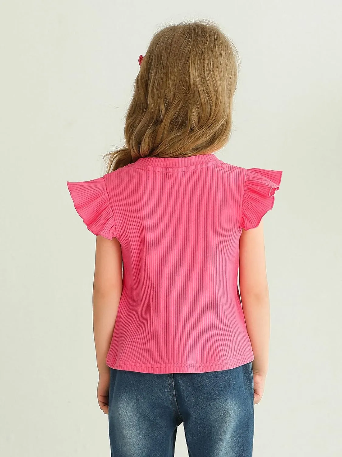 Toddler Girls Ruffle Sleeve T Shirt Knit Ribbed Blouse Cotton Top Plain Solid Kids Casual Clothes 1-6 Years
