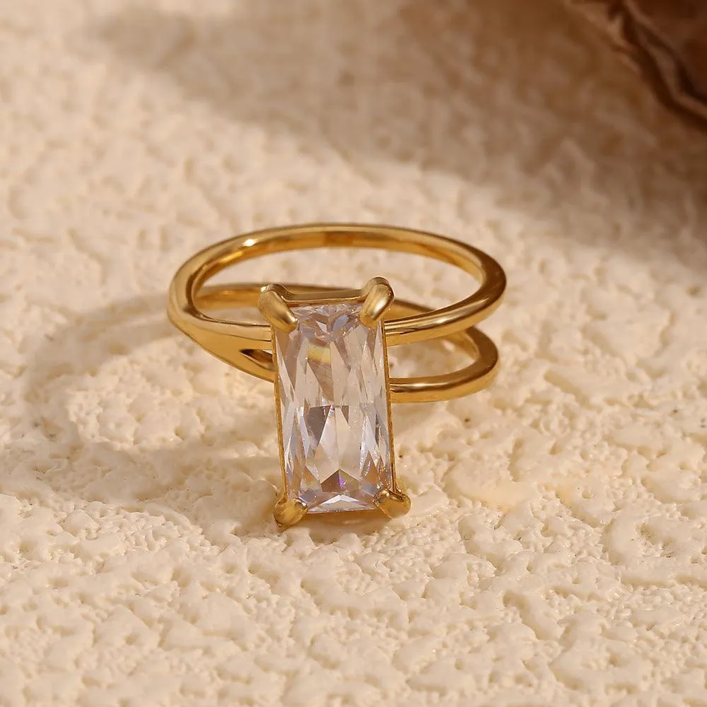 Trendy Gold Stainless Steel Ring with Geometric Cubic Zirconia – Perfect for Anniversaries