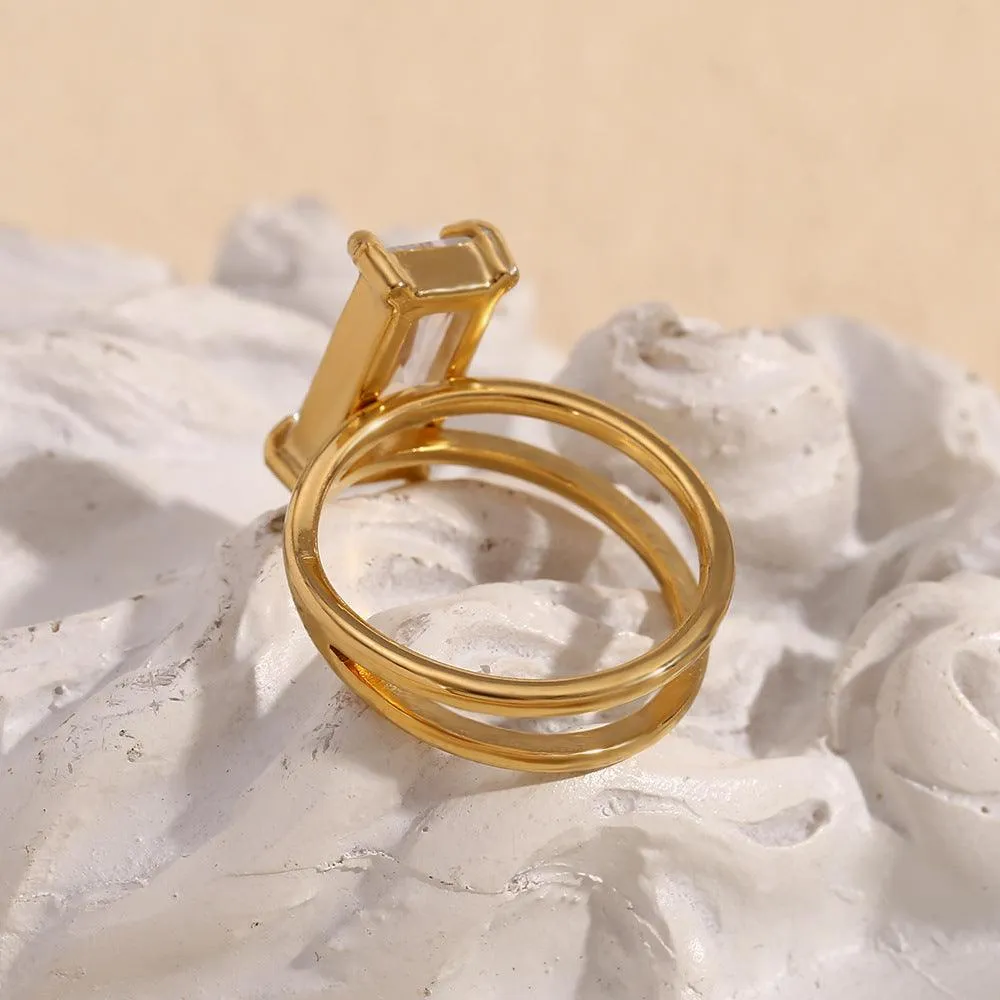 Trendy Gold Stainless Steel Ring with Geometric Cubic Zirconia – Perfect for Anniversaries