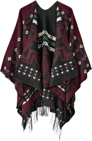 Urban CoCo Women's Printed Tassel Open front Poncho Cape Cardigan Wrap Shawl