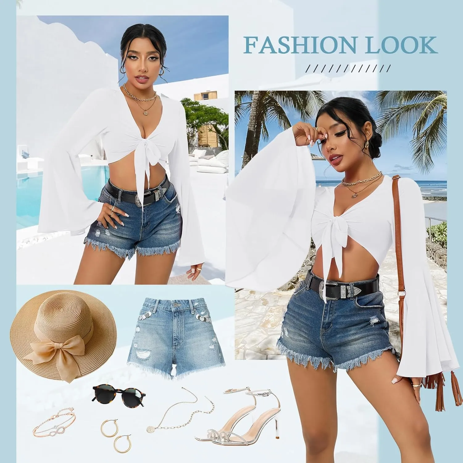 V Neck Bell Sleeve Tops for Women Tie Front Long Sleeve Blouse Sheer Mesh Crop Rave Top