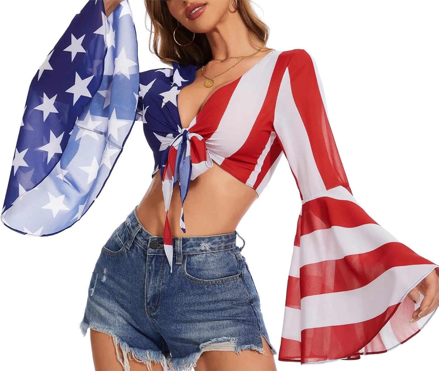 V Neck Bell Sleeve Tops for Women Tie Front Long Sleeve Blouse Sheer Mesh Crop Rave Top