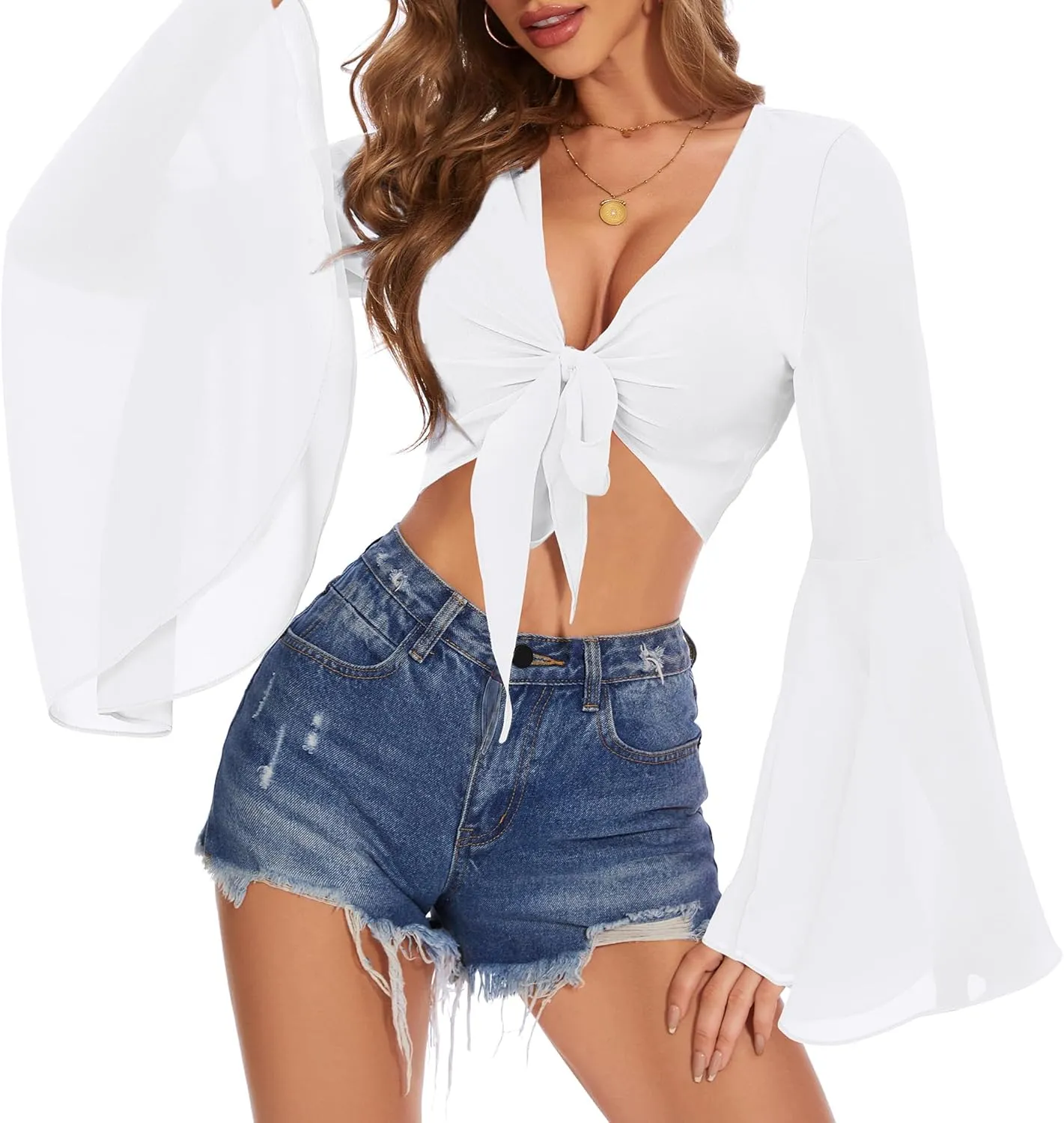 V Neck Bell Sleeve Tops for Women Tie Front Long Sleeve Blouse Sheer Mesh Crop Rave Top