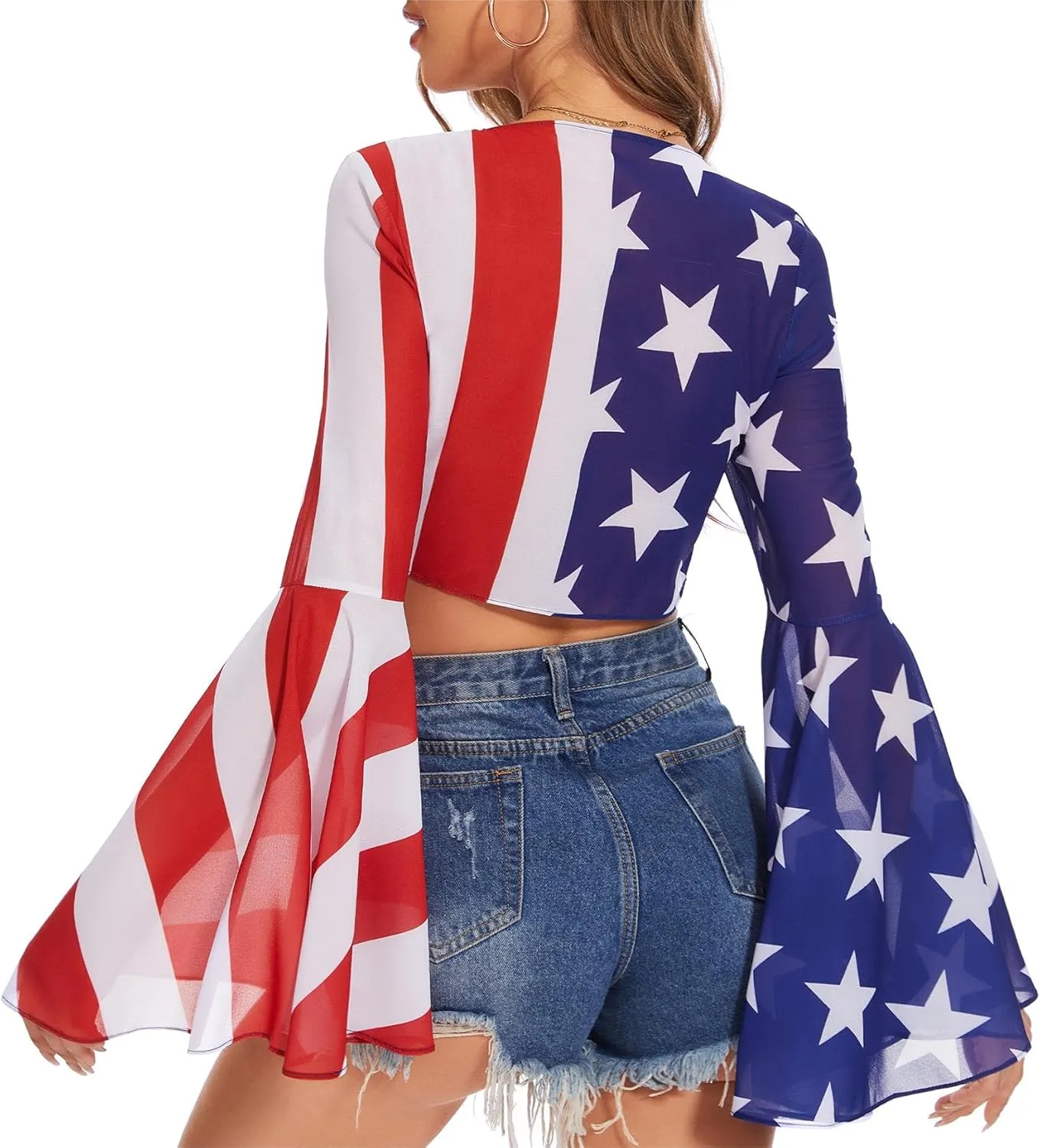 V Neck Bell Sleeve Tops for Women Tie Front Long Sleeve Blouse Sheer Mesh Crop Rave Top