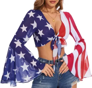 V Neck Bell Sleeve Tops for Women Tie Front Long Sleeve Blouse Sheer Mesh Crop Rave Top