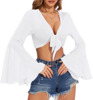 V Neck Bell Sleeve Tops for Women Tie Front Long Sleeve Blouse Sheer Mesh Crop Rave Top