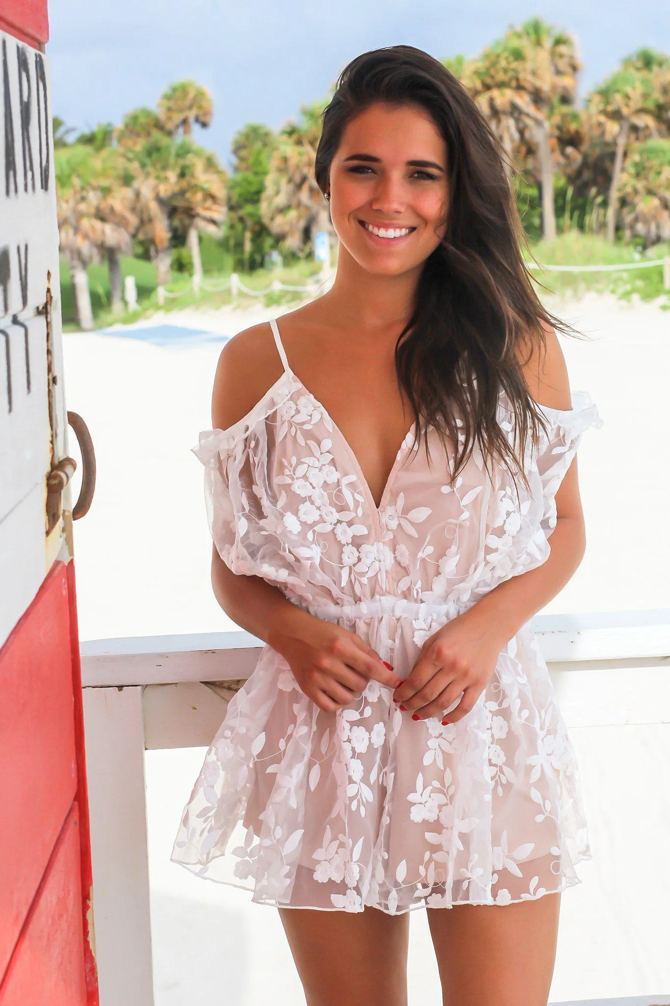 White Floral Embroidered Romper
