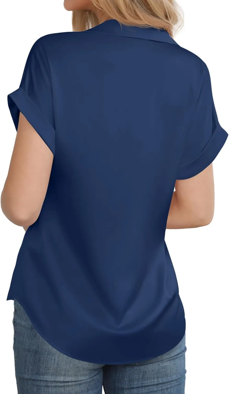 Women's Business Casual Tops Summer Elegant Satin Silk Short Sleeve Shirts V Neck Chiffon Work Business Blouses