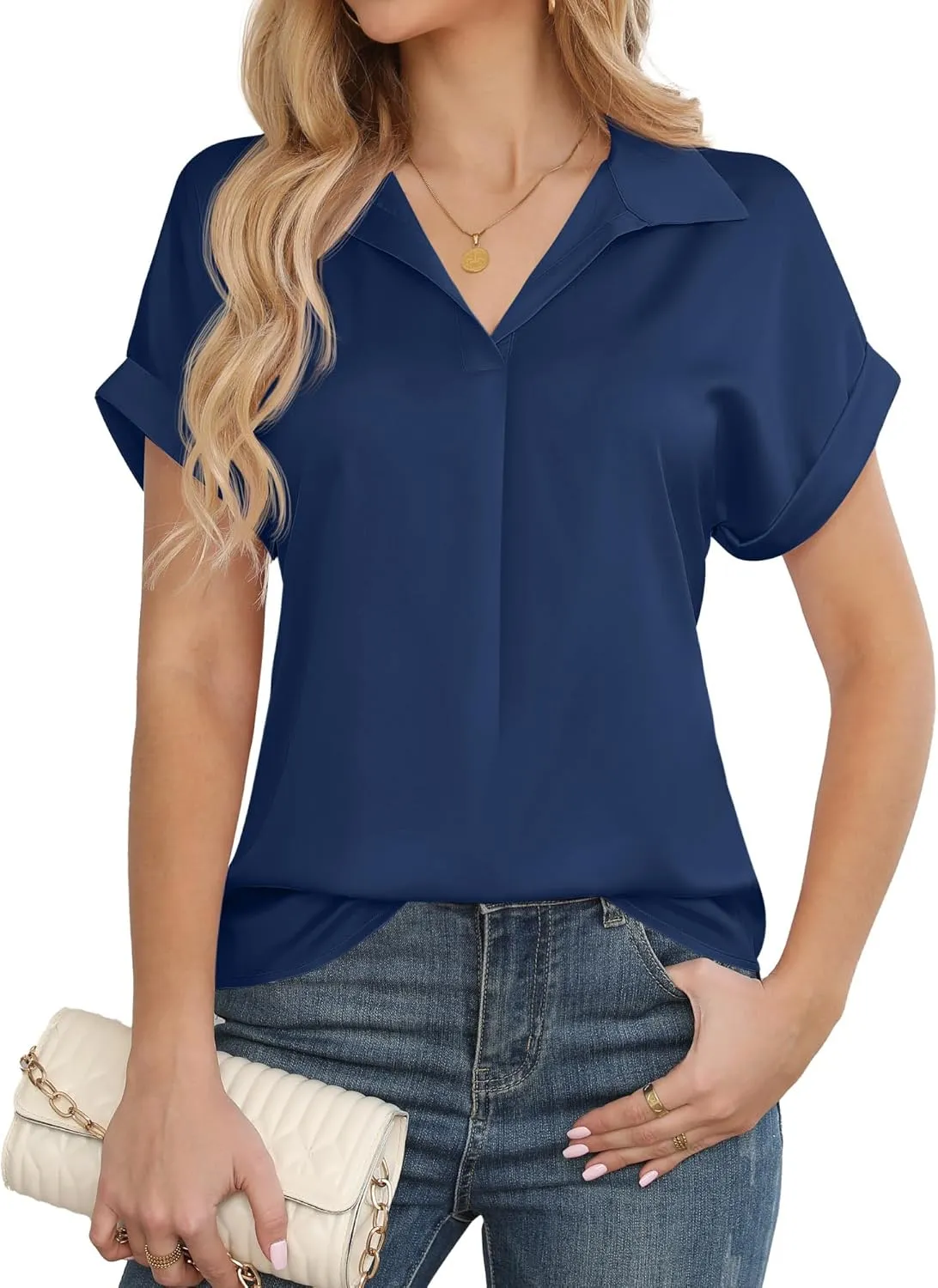 Women's Business Casual Tops Summer Elegant Satin Silk Short Sleeve Shirts V Neck Chiffon Work Business Blouses