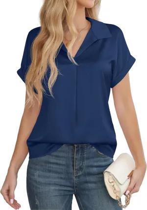 Women's Business Casual Tops Summer Elegant Satin Silk Short Sleeve Shirts V Neck Chiffon Work Business Blouses