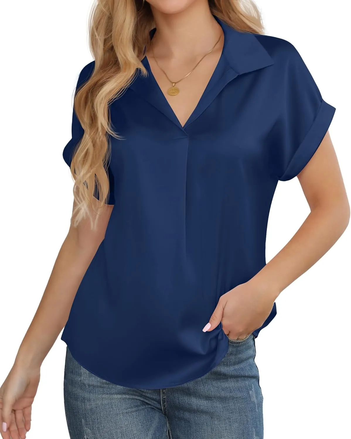 Women's Business Casual Tops Summer Elegant Satin Silk Short Sleeve Shirts V Neck Chiffon Work Business Blouses