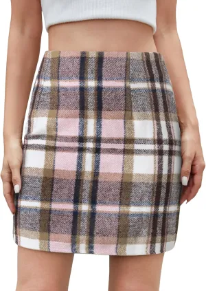 Women's Casual High Waist Plaid Skirt Bodycon Pencil Wool Mini Skirts