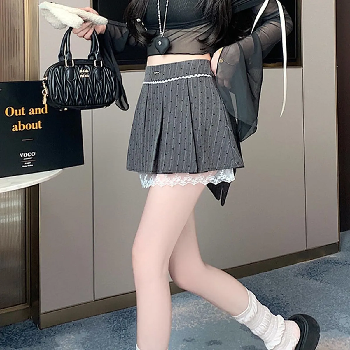 Women's Cute High Waist Mini Skirt Y2K Fashion Polka Dots Lace Patchwork Bow Tie Design Pleated Skirt