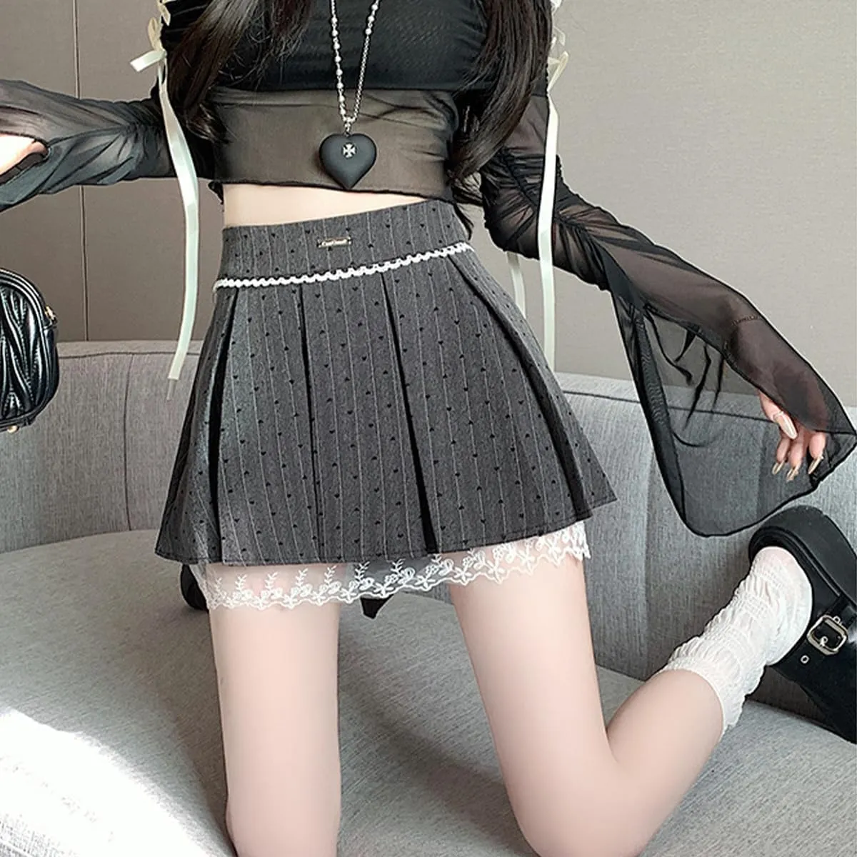 Women's Cute High Waist Mini Skirt Y2K Fashion Polka Dots Lace Patchwork Bow Tie Design Pleated Skirt