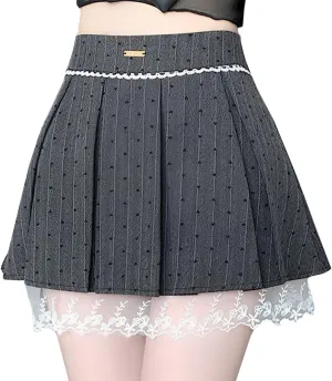 Women's Cute High Waist Mini Skirt Y2K Fashion Polka Dots Lace Patchwork Bow Tie Design Pleated Skirt