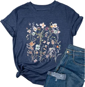 Yimoya Vintage Floral Shirts Womens Boho Wildflowers Graphic Tees Flowers Tops