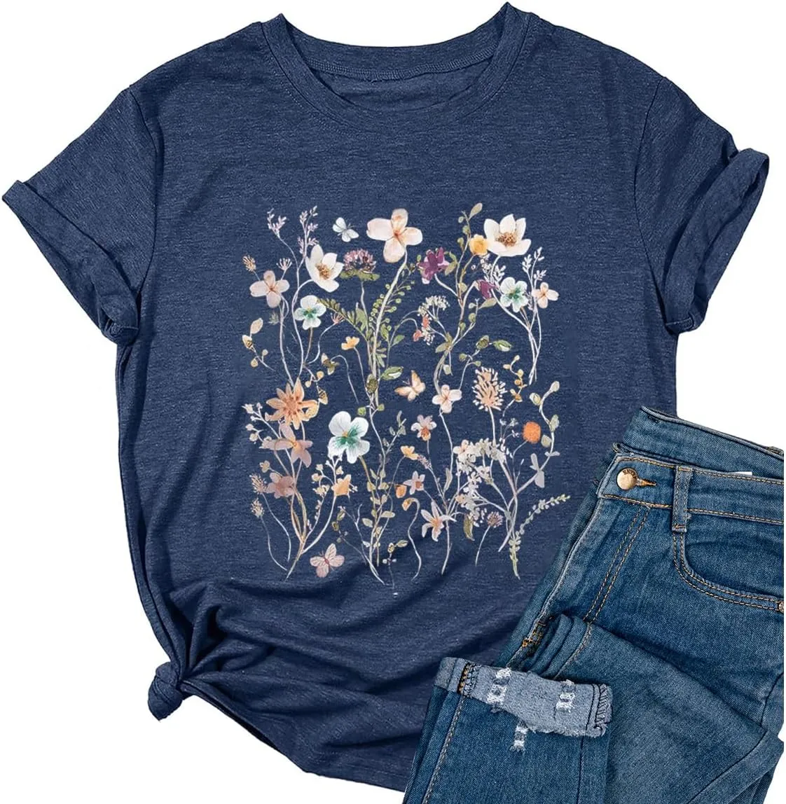 Yimoya Vintage Floral Shirts Womens Boho Wildflowers Graphic Tees Flowers Tops